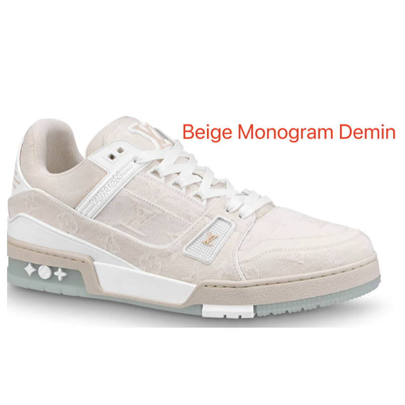 New L V Trainer Sneaker Shoes Beige Monogram Demin (1) - newkick.app