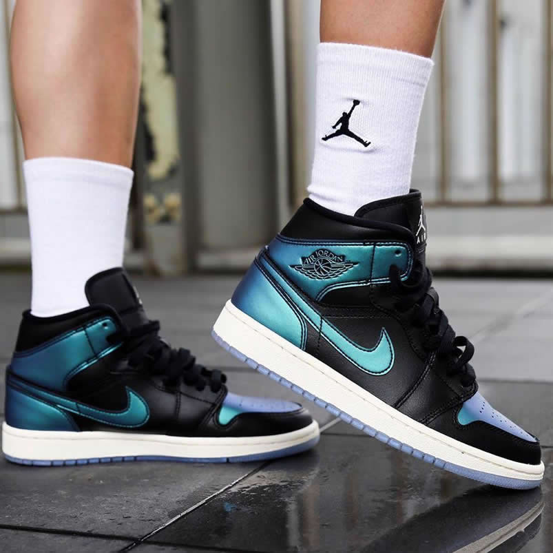 Air Jordan 1 Mid Black Iridescent Mens Gs Aj1 Shoes On Feet Bq6472 009 (1) - newkick.app