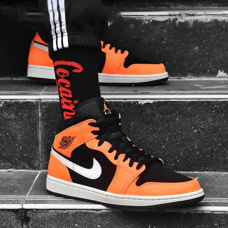 shattered backboard air jordan 1 mid black orange peel on feet