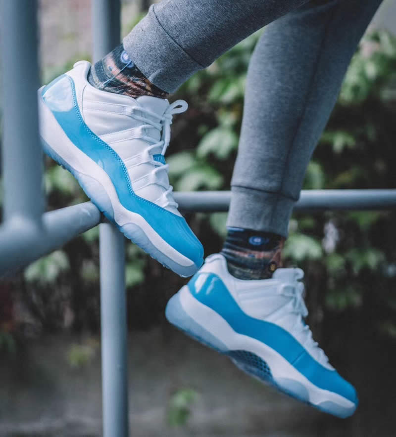 air jordan 11 low unc columbia blue white 528895-106 on feet