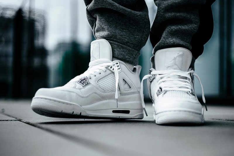 air jordan 4 all white silver pure money mens gs for sale on feet image