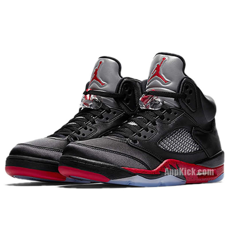 Air Jordan 5 Satin Bred Black University Red On Feet Outfit 136027 006 (3) - newkick.app