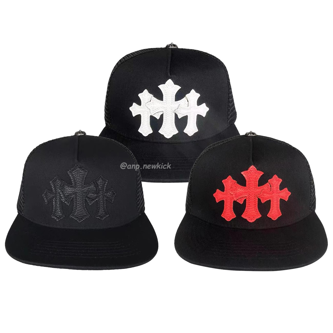 Chrome Hearts Tri Cross Black White Red Trucker Hat (1) - newkick.app