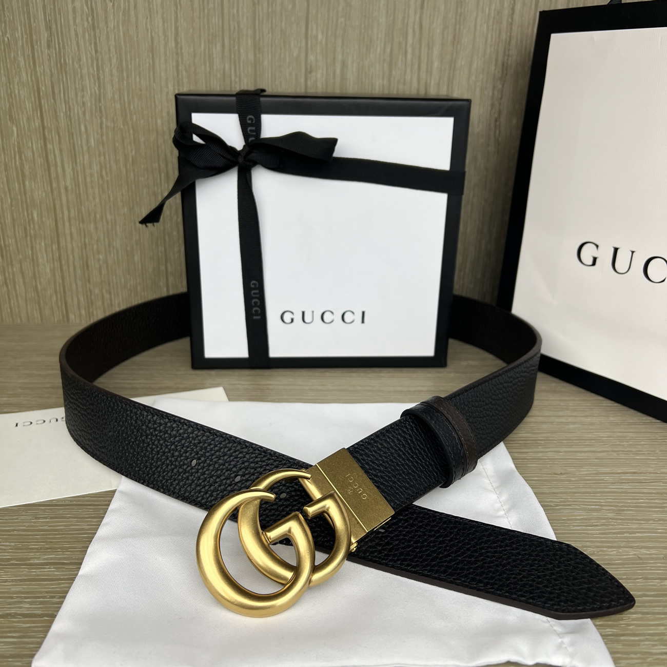 Gucci Double G Logo Full Grain Reversible Belt Leather Black Brown (10) - newkick.app