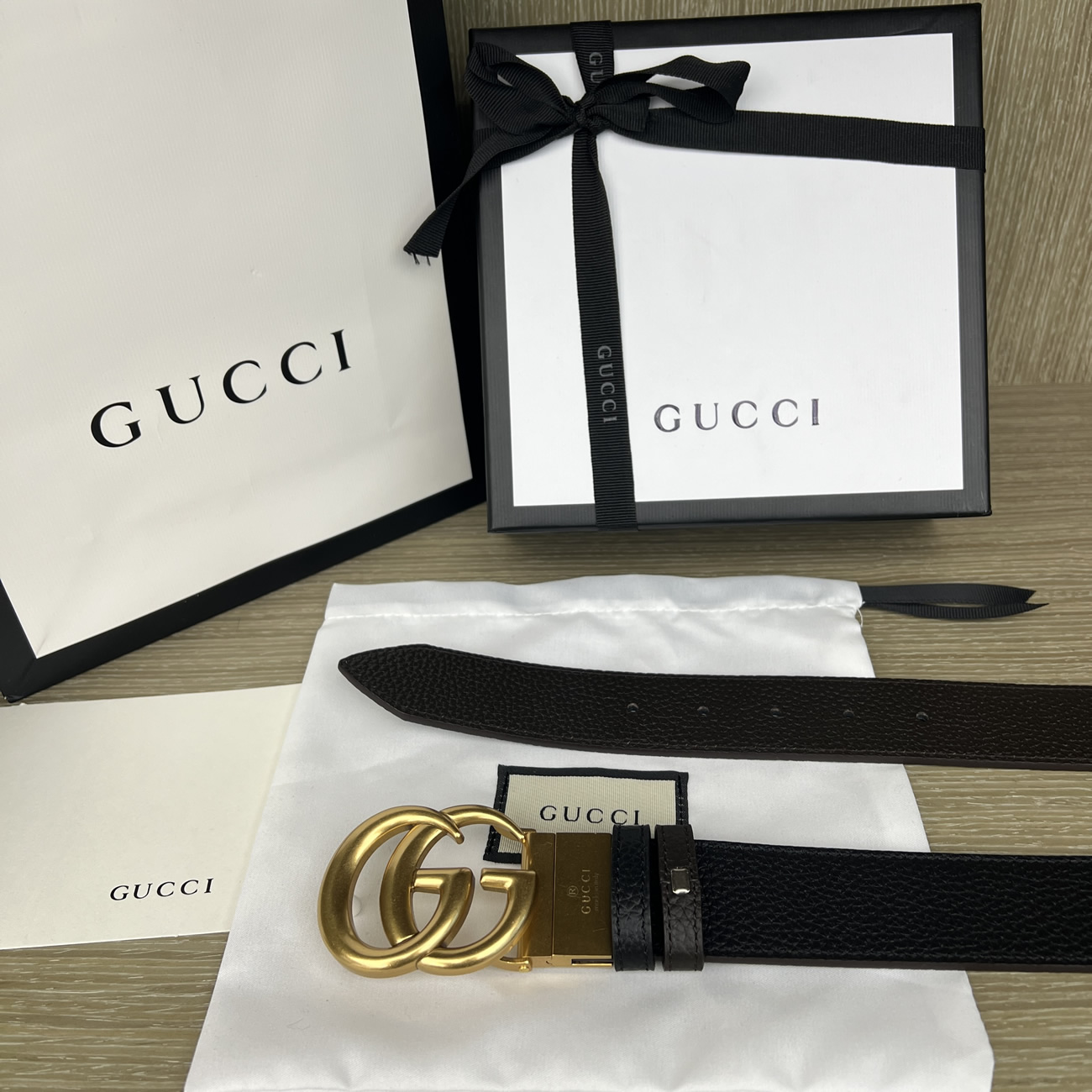 Gucci Double G Logo Full Grain Reversible Belt Leather Black Brown (2) - newkick.app