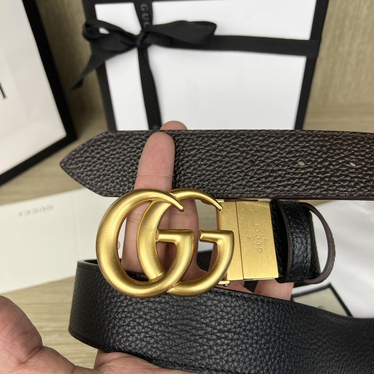 Gucci Double G Logo Full Grain Reversible Belt Leather Black Brown (3) - newkick.app