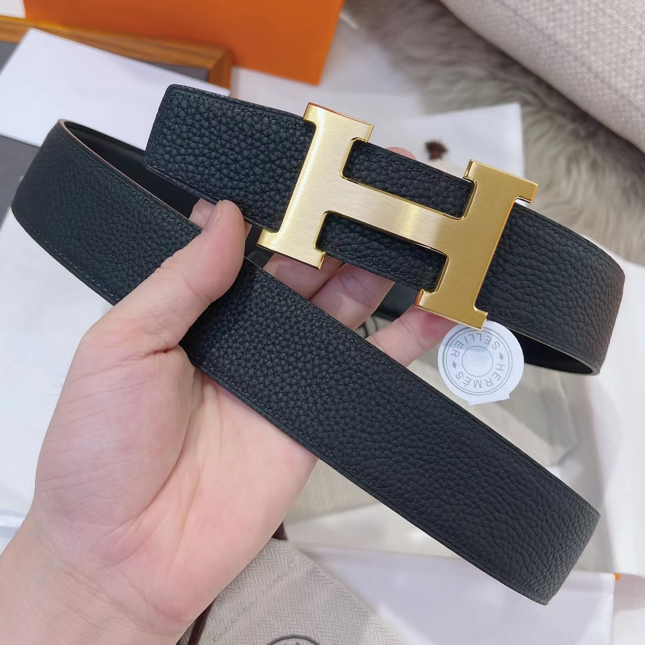 Hermes Full Grain Reversible Belt Leather Black (12) - newkick.app