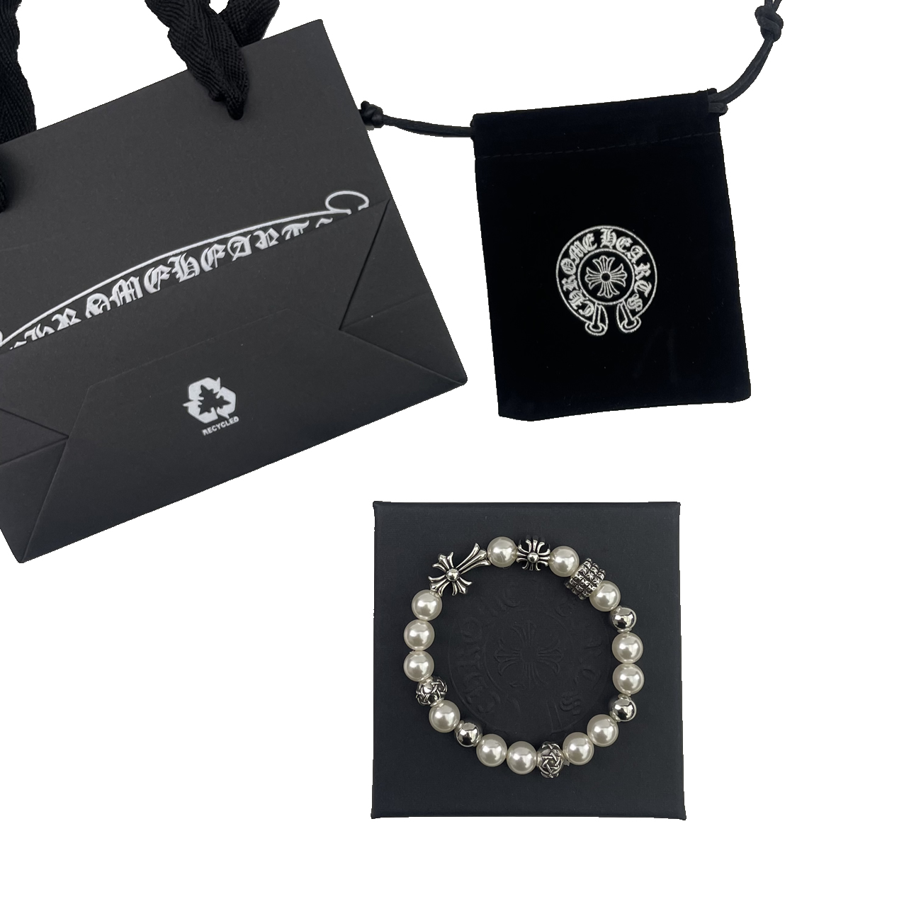 Chrome Hearts Pearl Silver Cross Flower Letter Ball Bracelet (1) - newkick.app