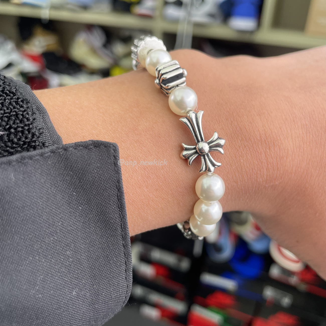 Chrome Hearts Pearl Silver Cross Flower Letter Ball Bracelet (10) - newkick.app