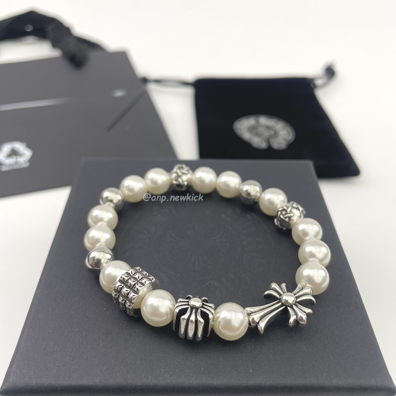 Chrome Hearts Pearl Silver Cross Flower Letter Ball Bracelet (9) - newkick.app