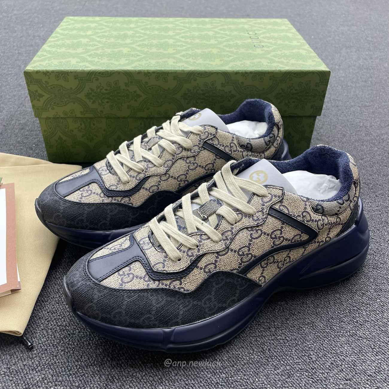 Gucci Blue Rhyton Gg Print Leather And Canvas Sneakers (4) - newkick.app