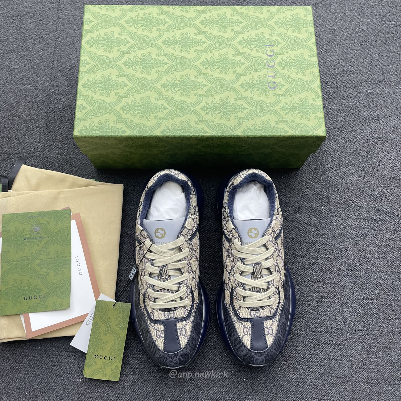 Gucci Blue Rhyton Gg Print Leather And Canvas Sneakers (6) - newkick.app