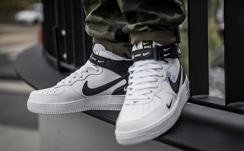 Nike Air Force 1 Mid 07 LV8 Utility White Black Shoes On Feet 804609-103